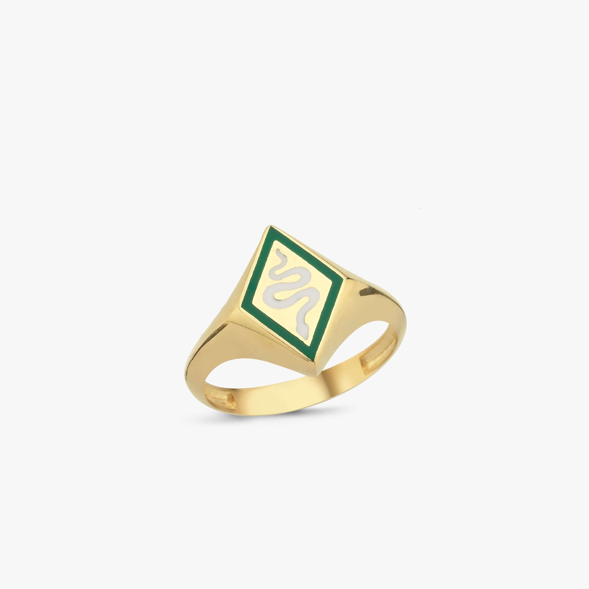 Gold ring with green enamel and white snake design on a diamond-shaped face, isolated on white background.