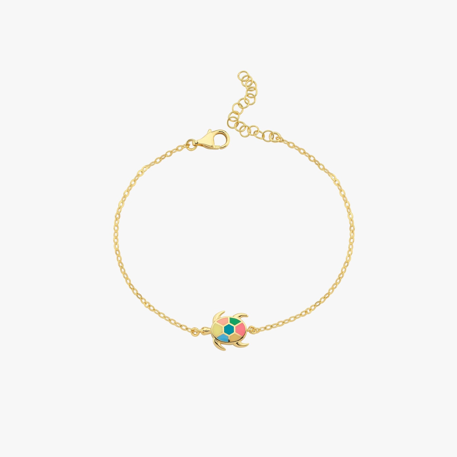 Gold chain bracelet with colorful turtle charm, minimalist design, adjustable clasp, perfect for elegant fashion accessory.