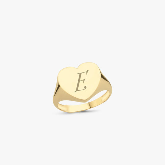 14K Solid Gold Initial Ring, Initial Signet Ring, Heart Ring, Mothers' Day Gift