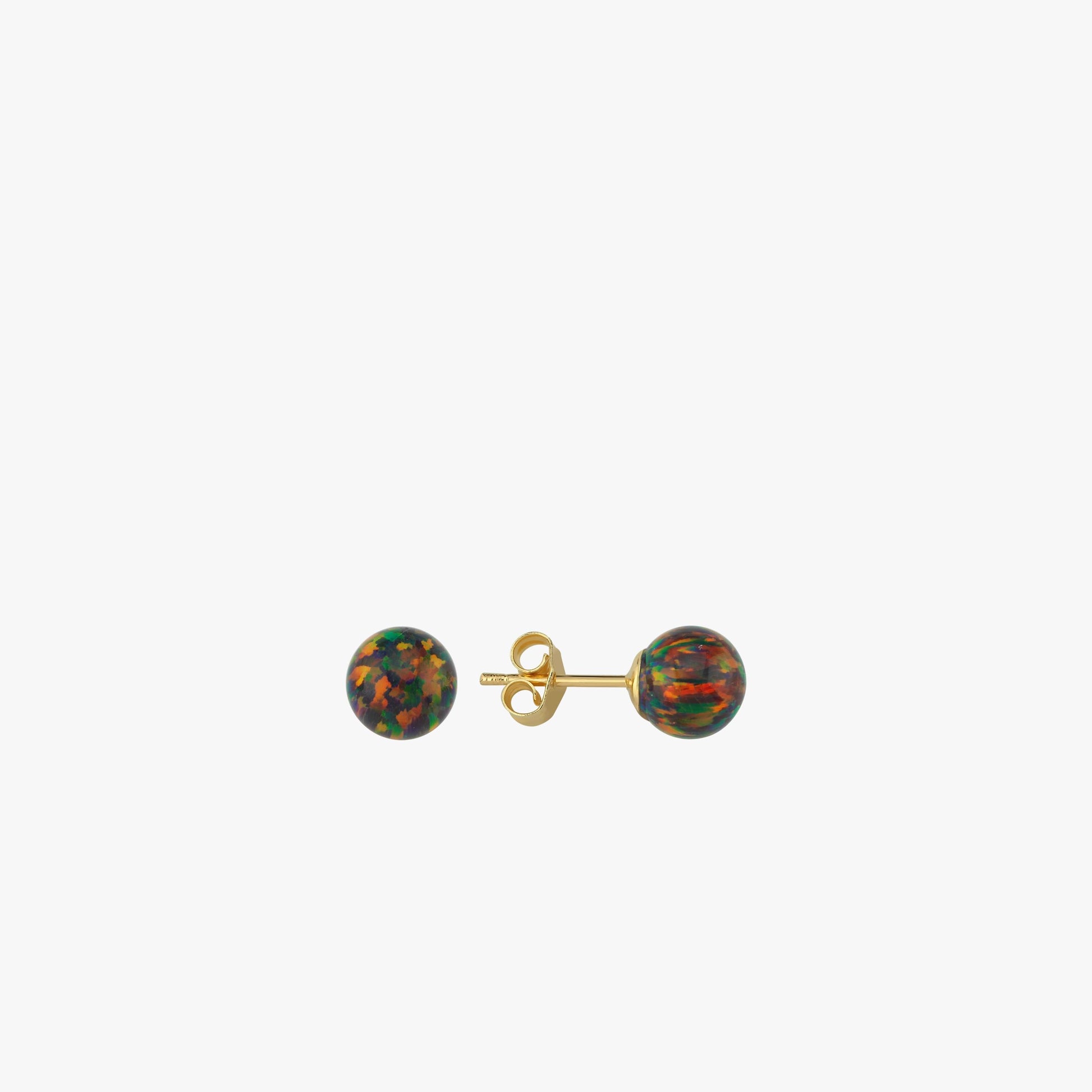 A front-facing view of 14K gold fire opal earrings, emphasizing their rich color variations and smooth design.