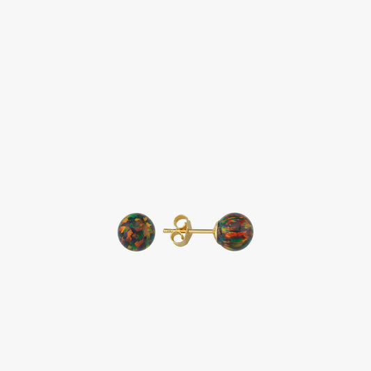 A front-facing view of 14K gold fire opal earrings, emphasizing their rich color variations and smooth design.