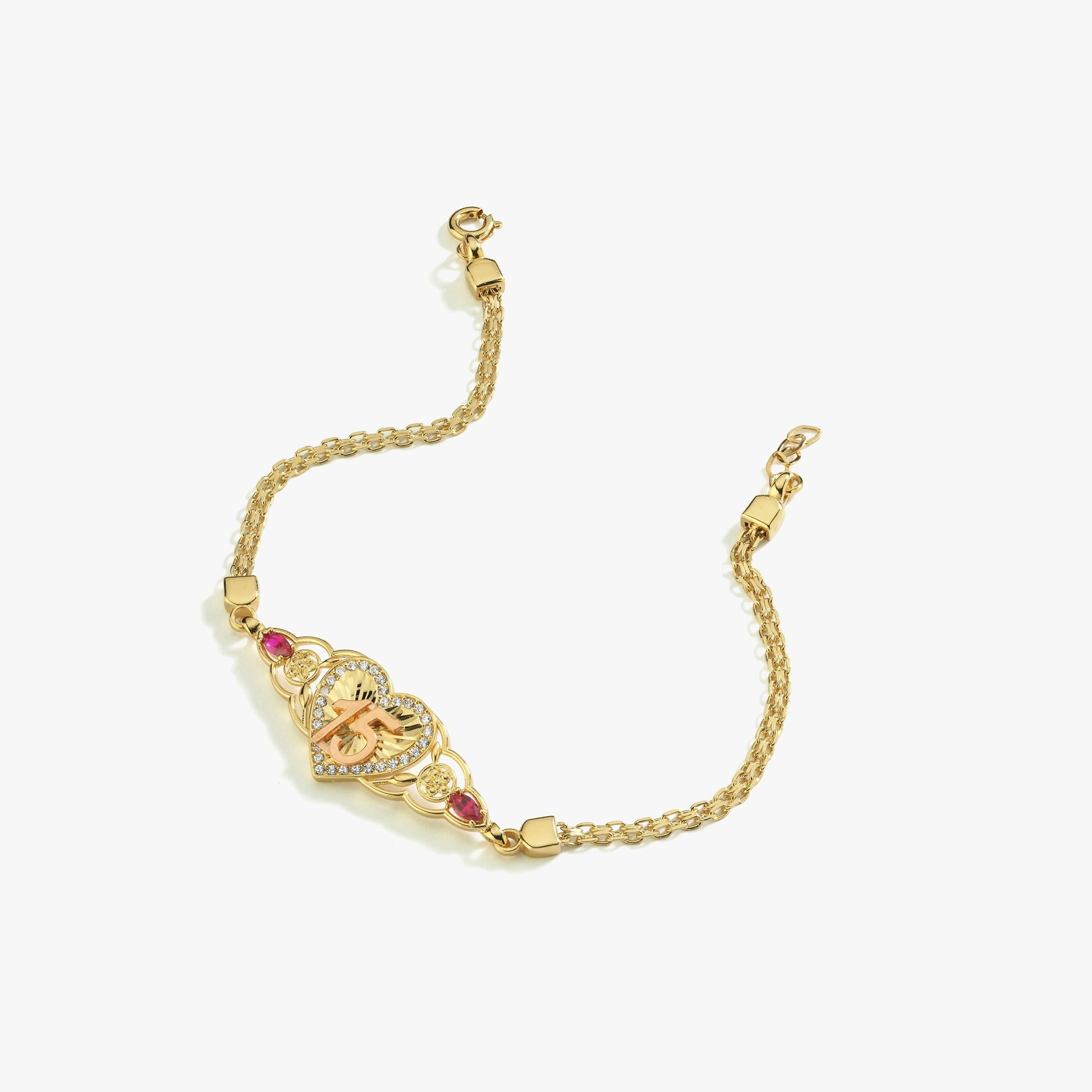A Quinceañera Gift bracelet displayed on a white background, showcasing its gold chain, heart charm, and gemstone accents.