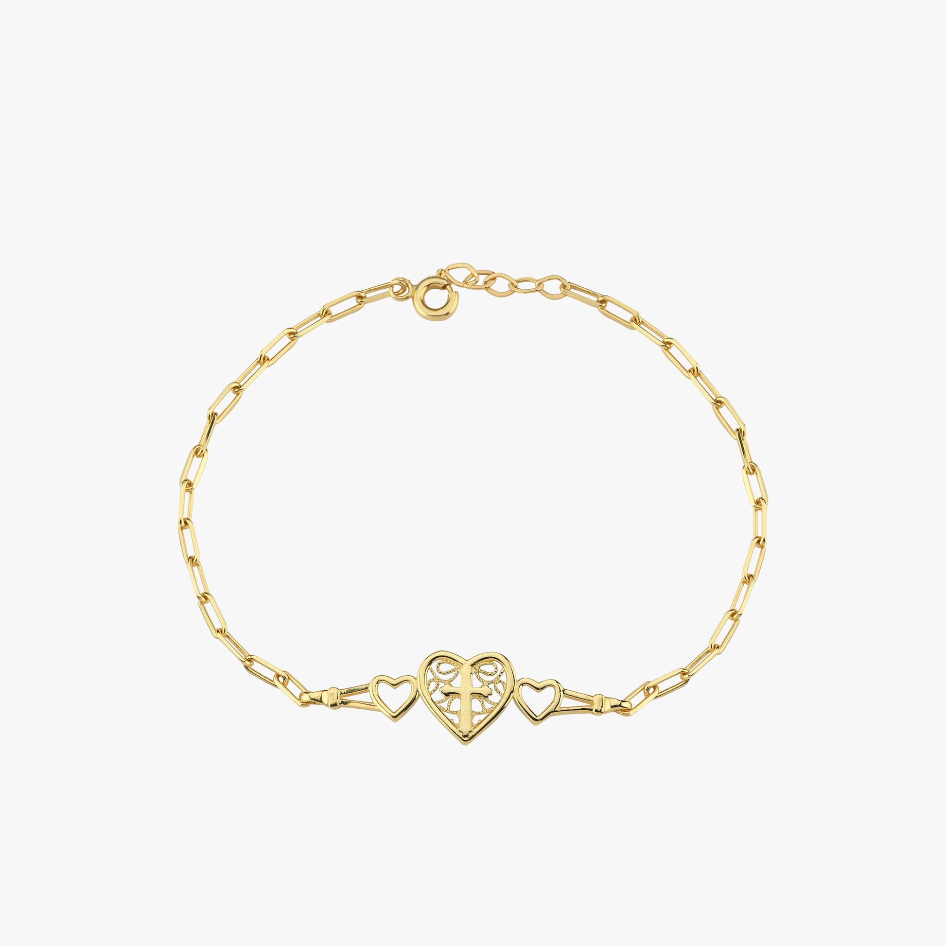 A flat-lay shot of the 14K Solid Gold Paperclip Bracelet, showing its fine chain and heart accents.