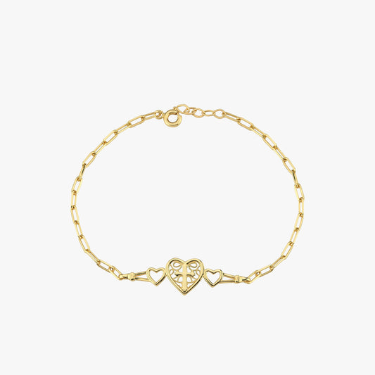 A flat-lay shot of the 14K Solid Gold Paperclip Bracelet, showing its fine chain and heart accents.