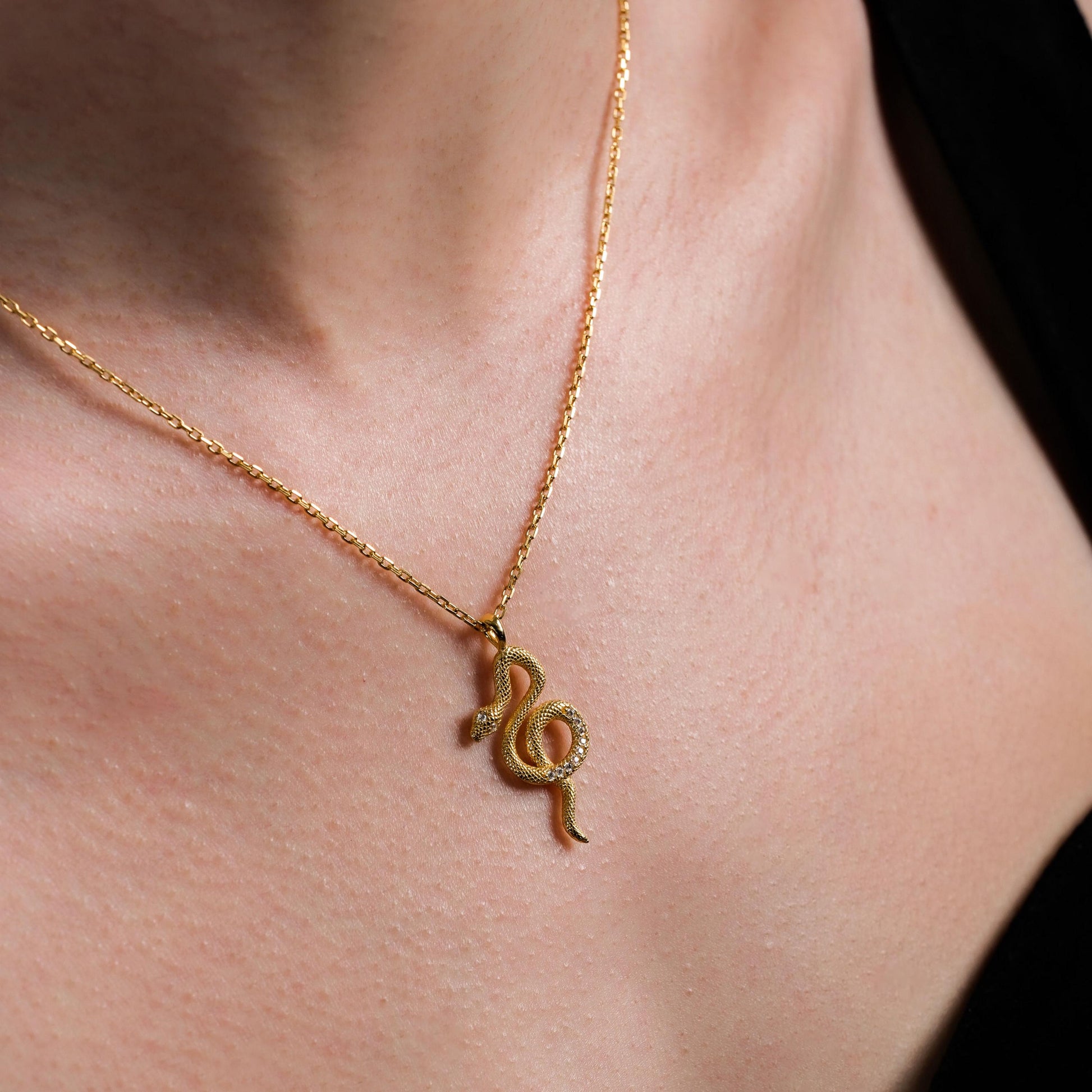 A close-up of a woman's neck showcasing an 18K Gold Vermeil Snake Necklace with a delicate chain and a serpent-shaped pendant.