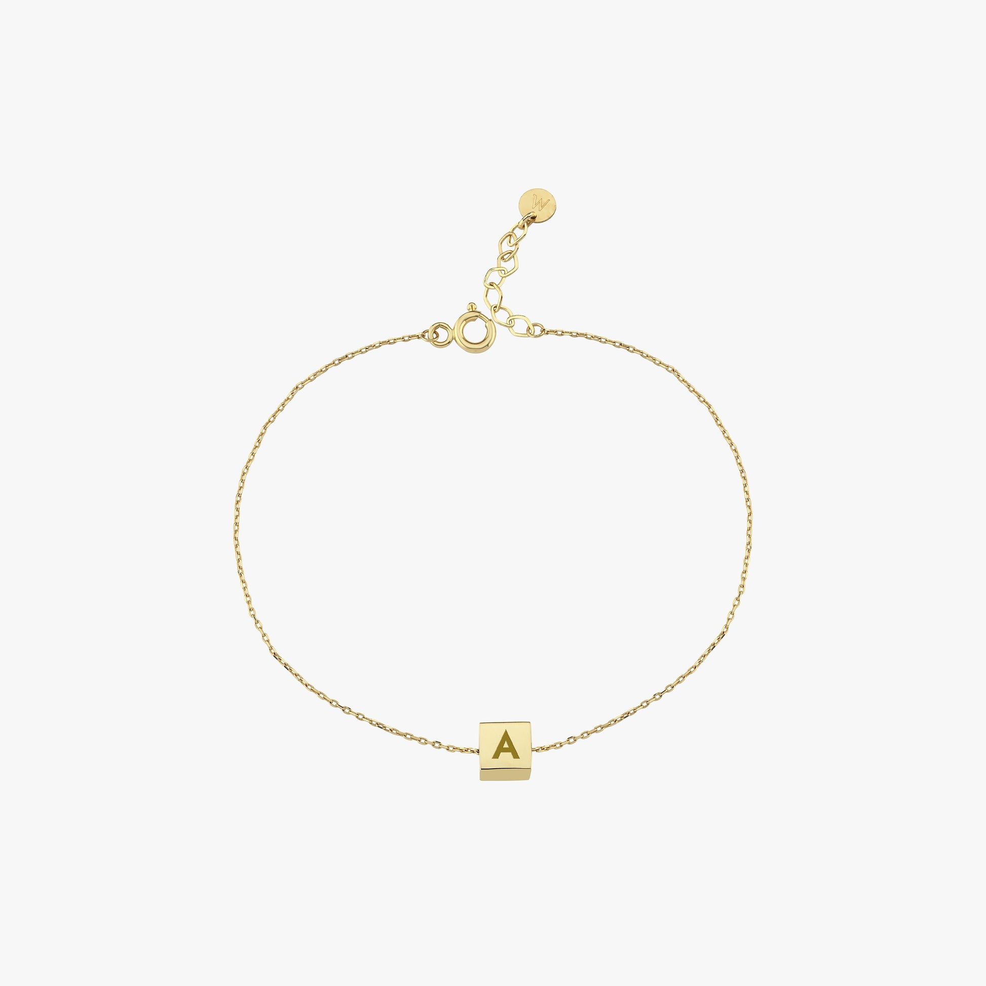 14K Solid Gold Cube Initial Bracelet – A delicate bracelet with a gold cube charm, displayed on a white background.