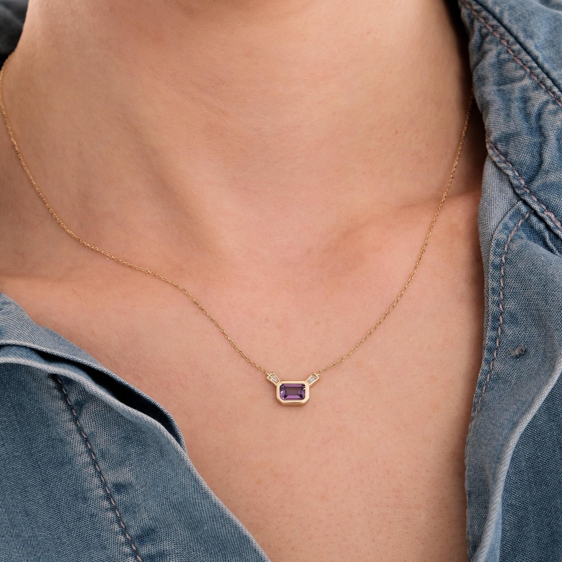 14K Solid Gold Rectangle Amethyst Necklace, Baguette Amethyst Necklace, Amethyst Jewelry, Birthday Gift
