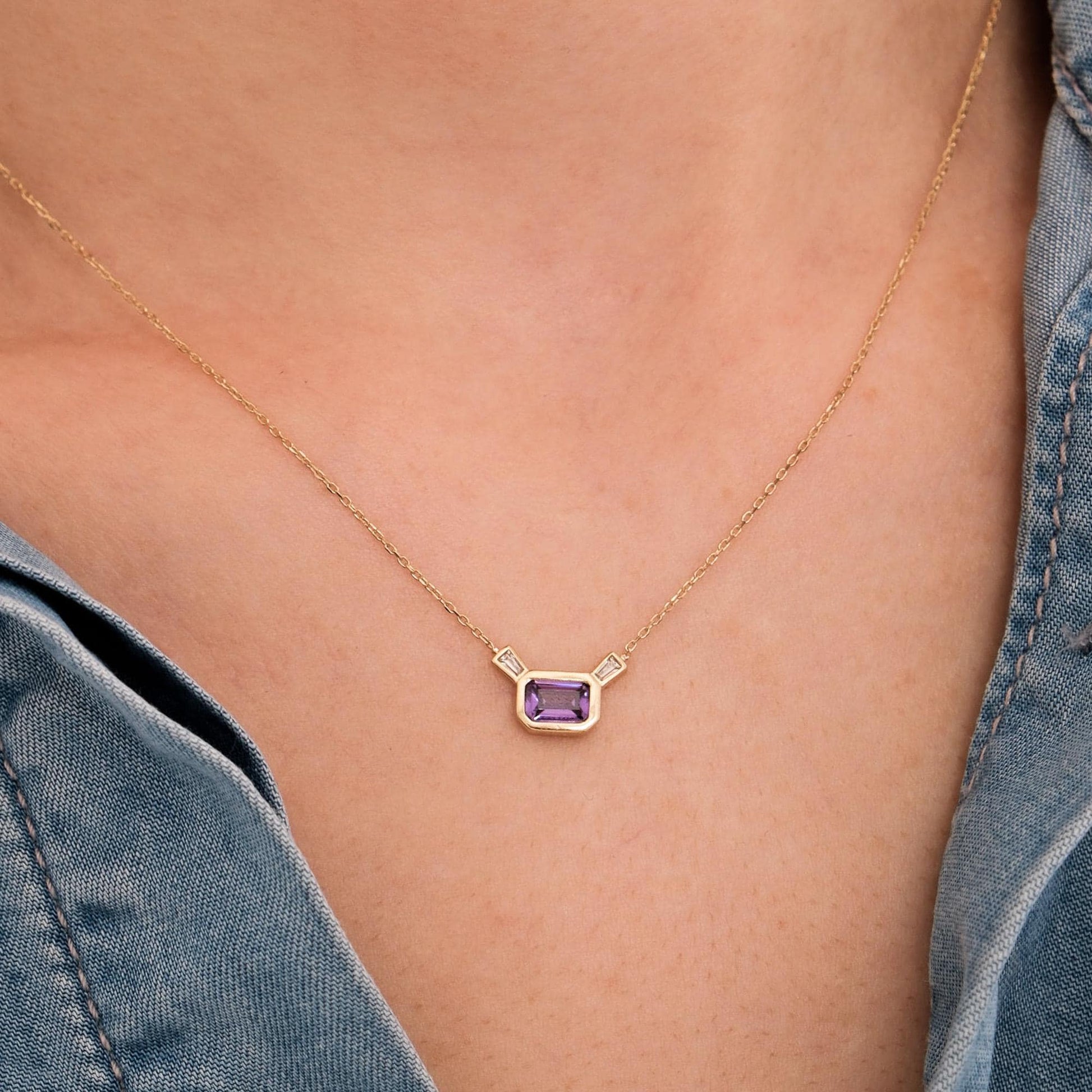 14K Solid Gold Rectangle Amethyst Necklace, Baguette Amethyst Necklace, Amethyst Jewelry, Birthday Gift