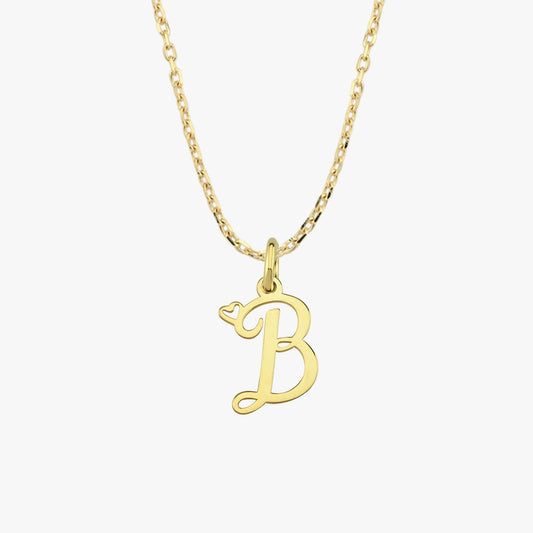 A 14K solid gold cursive initial necklace with a "B" charm is displayed against a plain, neutral background.