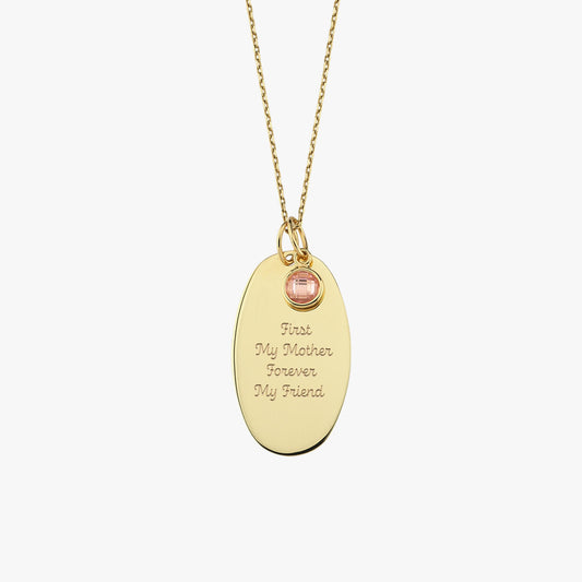 A product shot of the 14K gold necklace on a white background, showcasing the engraved oval pendant and customizable birthstone charm.