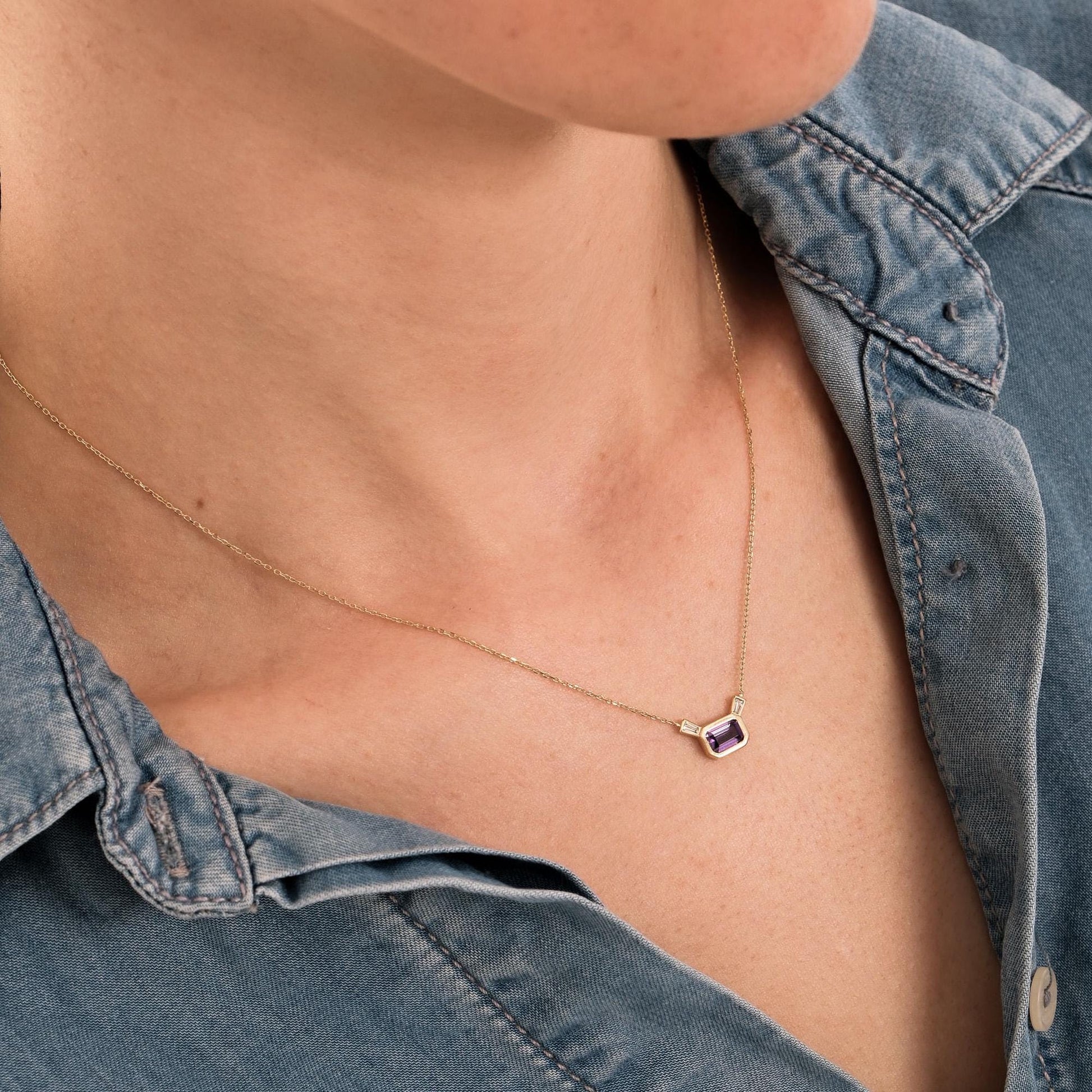 14K Solid Gold Rectangle Amethyst Necklace, Baguette Amethyst Necklace, Amethyst Jewelry, Birthday Gift