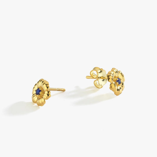 Pair of 18K gold vermeil birthstone earrings with sapphire stones, displayed against a clean white background.
