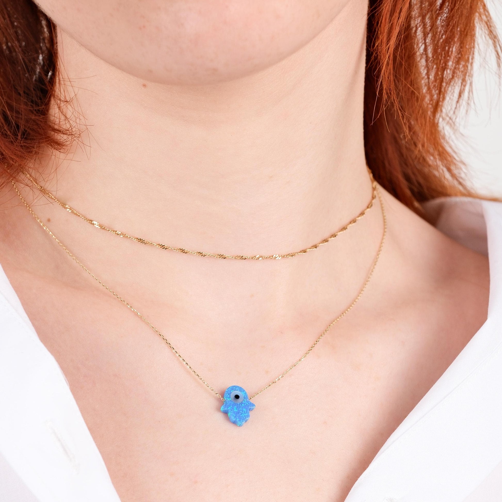 14K Solid Gold Hamsa Necklace, Protection Necklace,Opal Hamsa Hand, Blue Opal Necklace, Hamsa Evil Eye, Birthday Gift