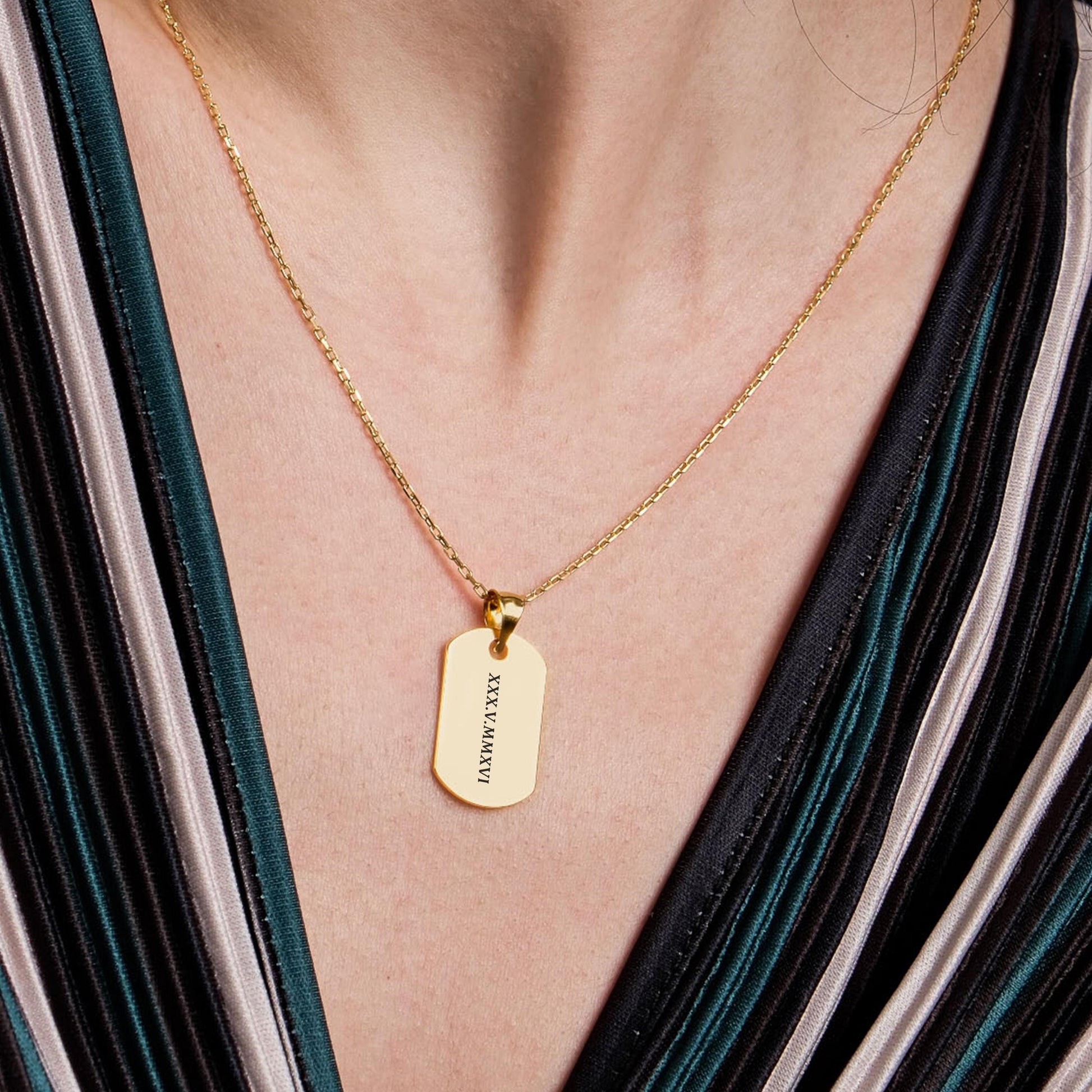 18K Gold Vermeil Dog Tag Necklace, Engraved Dog Tag Necklace, Personalized Dog Tag, Roman Numeral Necklace, Personalized Gift