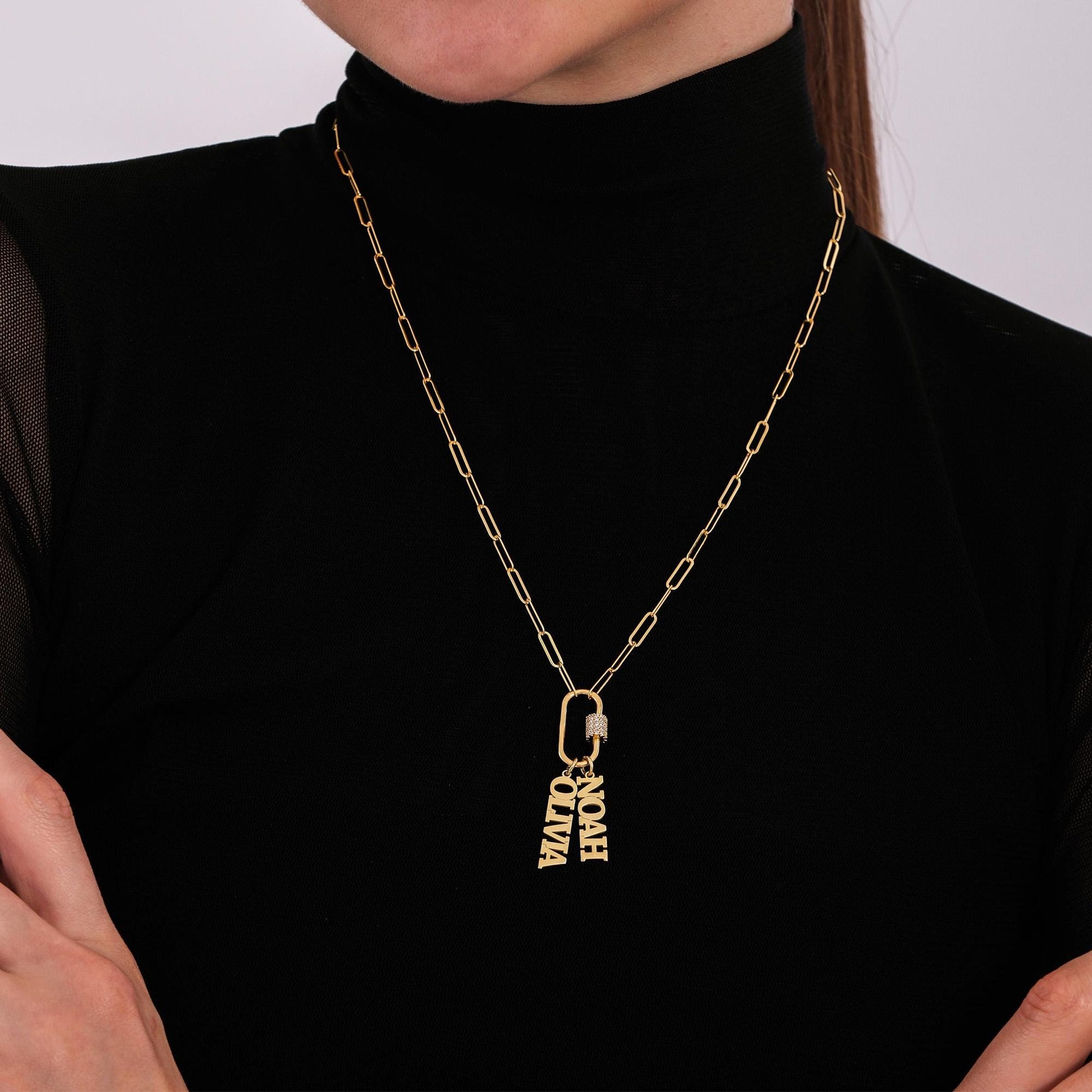 Gold vermeil carabiner necklace with pavé-detailed clasp and dangling “NOAH” and “OLIVIA” letter charms, displayed on a black fabric backdrop.