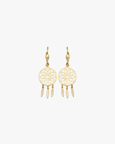 Dreamcatcher Dangle Earrings | 14K Solid Gold - Mionza Jewelry-14K gold earrings, 14K Solid Gold, dangle earrings, dangle hoop earrings, dreamcatcher, earlobe earrings, gold boho earrings, gold dreamcatcher, gold hoop earrings, huggie hoop earrings, leverback earrings, medallion earrings, minimalist earrings