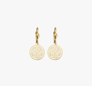 Greek Key Leverback Earrings | 14K Solid Gold - Mionza Jewelry-14K gold earrings, 14K Solid Gold, ancient greek, dangle earrings, earlobe earrings, geometric jewelry, gold dangle earring, gold hoop earrings, greek earrings, Greek Key Earrings, leverback earrings, medallion earrings, minimalist earrings