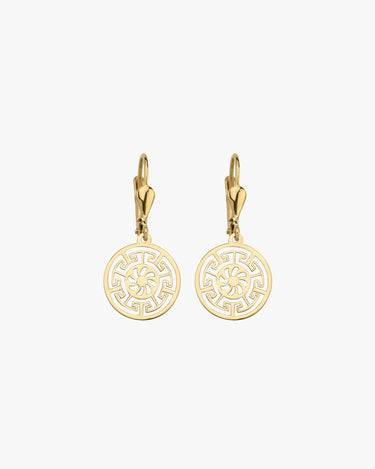 Greek Key Leverback Earrings | 14K Solid Gold - Mionza Jewelry-14K gold earrings, 14K Solid Gold, ancient greek, dangle earrings, earlobe earrings, geometric jewelry, gold dangle earring, gold hoop earrings, greek earrings, Greek Key Earrings, leverback earrings, medallion earrings, minimalist earrings