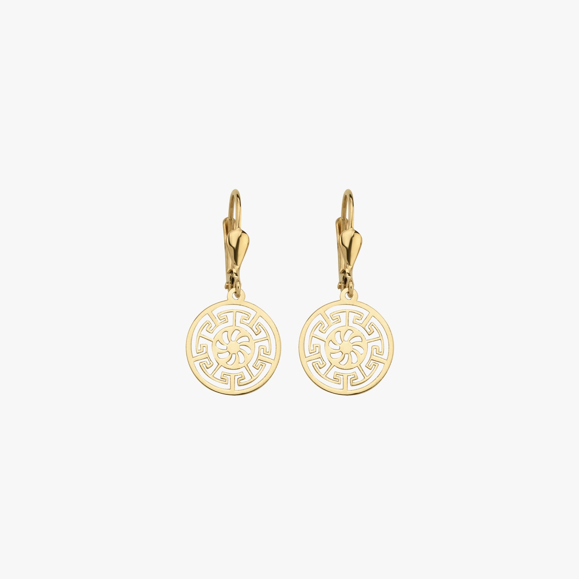 Greek Key Leverback Earrings | 14K Solid Gold - Mionza Jewelry-14K gold earrings, 14K Solid Gold, ancient greek, dangle earrings, earlobe earrings, geometric jewelry, gold dangle earring, gold hoop earrings, greek earrings, Greek Key Earrings, leverback earrings, medallion earrings, minimalist earrings