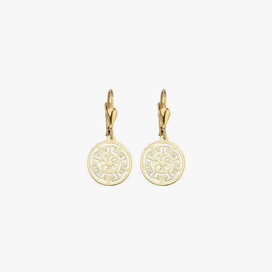 Greek Key Leverback Earrings | 14K Solid Gold - Mionza Jewelry-14K gold earrings, 14K Solid Gold, ancient greek, dangle earrings, earlobe earrings, geometric jewelry, gold dangle earring, gold hoop earrings, greek earrings, Greek Key Earrings, leverback earrings, medallion earrings, minimalist earrings