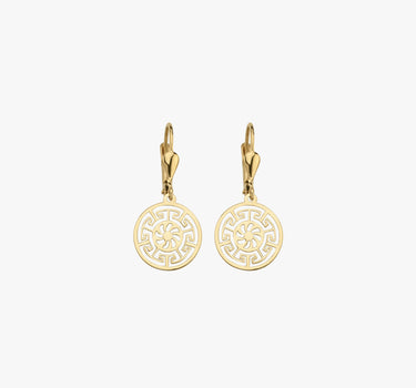 Greek Key Leverback Earrings | 14K Solid Gold - Mionza Jewelry-14K gold earrings, 14K Solid Gold, ancient greek, dangle earrings, earlobe earrings, geometric jewelry, gold dangle earring, gold hoop earrings, greek earrings, Greek Key Earrings, leverback earrings, medallion earrings, minimalist earrings