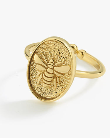 Bee Ring | 14K Gold Vermeil - Mionza Jewelry-14k gold vermeil, animal jewelry rings, bee jewelry, bee ring for women, bee ring gold, bumblebee jewelry, gift for her, gold bee ring, gold signet ring, honey bee jewelry, jewellery with bees, mothers day gift, open ring