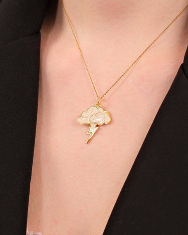 Cloud and Lightning Bolt Pendant | 14K Gold Vermeil - Mionza Jewelry-14k gold vermeil, bolt necklace, cloud jewelry, cloud necklace, cloud necklace gold, cloud pendant, Gift for Mom, Lightning Bolt, mothers day gift, necklace cloud, rain cloud, storm necklace, white cloud necklace