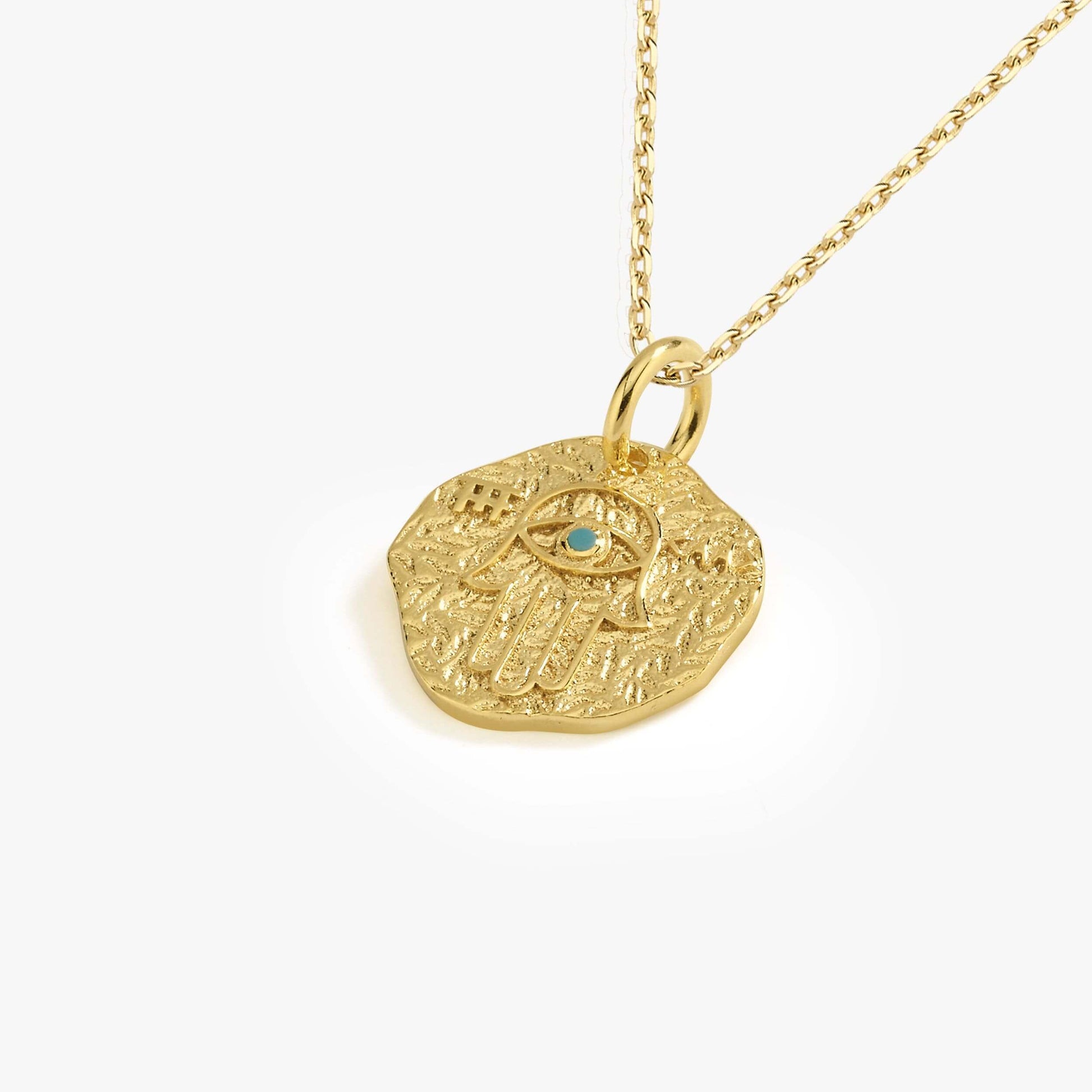 Hamsa Jewelry | 14K Gold Vermeil - Mionza Jewelry-coin jewelry, evil eye necklace, gift for grandma, Gift for Mothers Day, gold coin necklace, gold hamsa hand, gold hamsa necklace, hamsa charm, hamsa evil eye, hamsa hand pendant, hamsa jewelry, hansa hand silver, medallion necklace