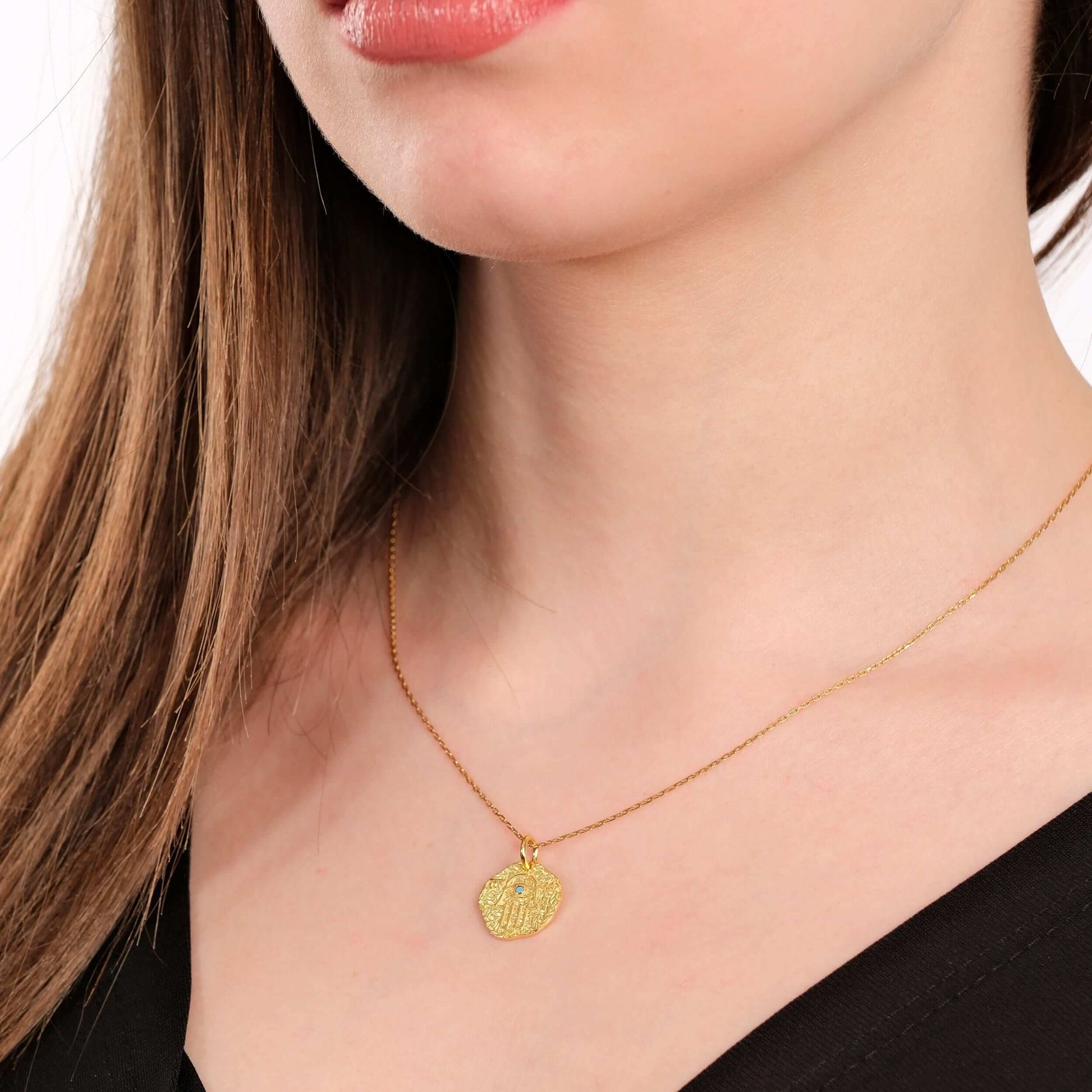 Hamsa Jewelry | 14K Gold Vermeil - Mionza Jewelry-coin jewelry, evil eye necklace, gift for grandma, Gift for Mothers Day, gold coin necklace, gold hamsa hand, gold hamsa necklace, hamsa charm, hamsa evil eye, hamsa hand pendant, hamsa jewelry, hansa hand silver, medallion necklace