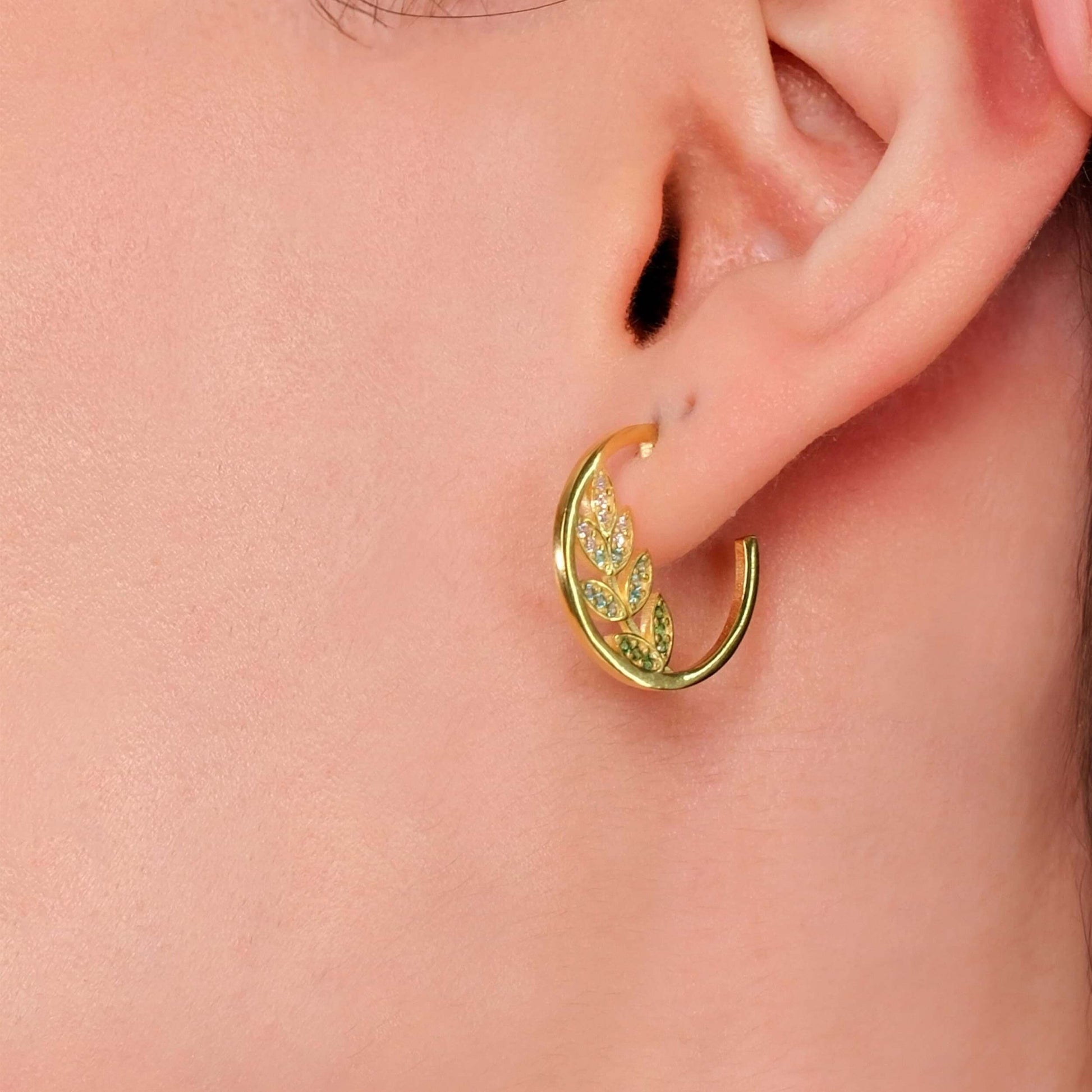 Olive Earrings | 14K Gold Vermeil - Mionza Jewelry-branch earrings, Gift for Mom, gold hoop earrings, gold leaf earrings, green earrings, hoop earrings women, leaf jewelry, leaf stud earrings, mothers day gift, olive branch jewelry, olive earrings, olive tree earrings, silver earrings leaf