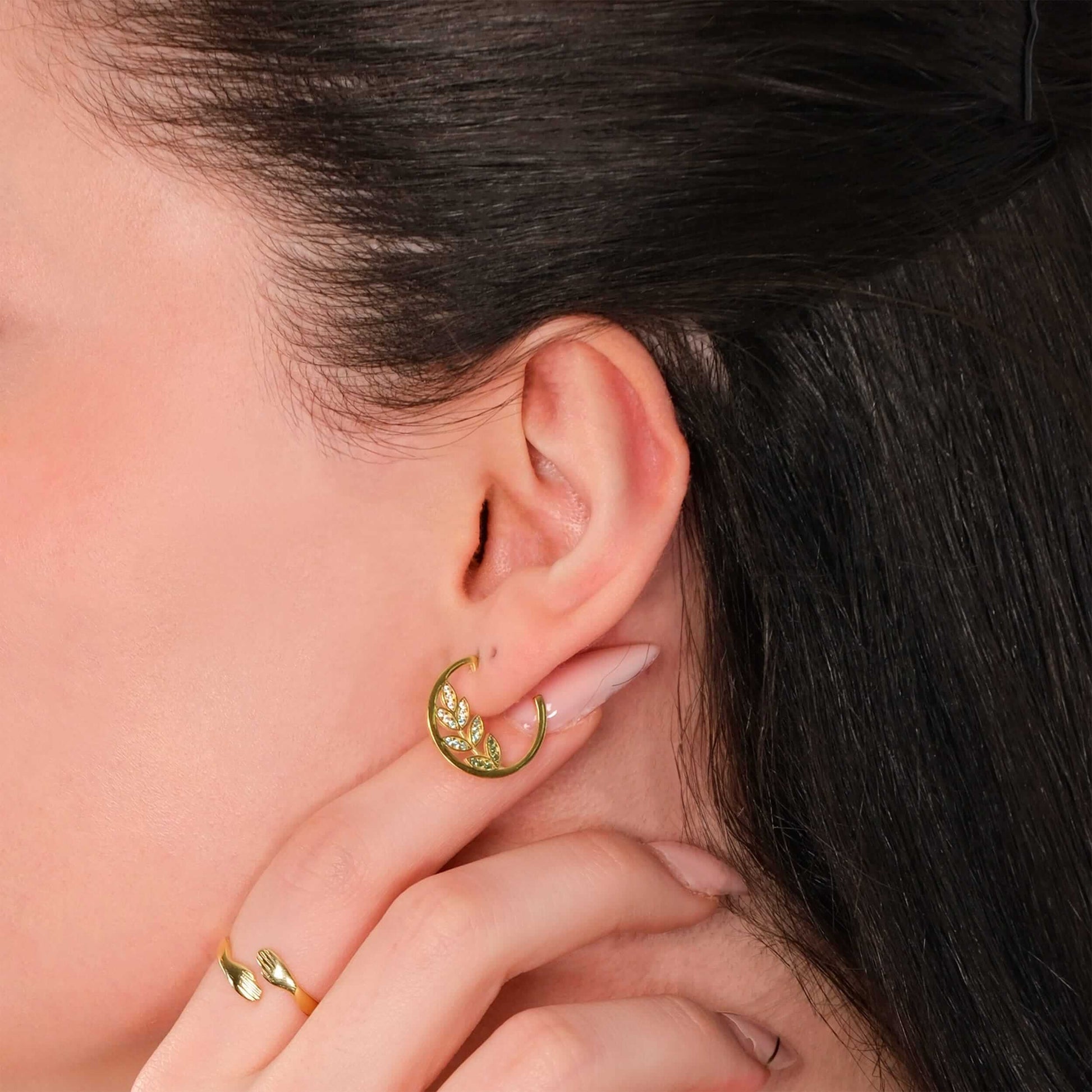 Olive Earrings | 14K Gold Vermeil - Mionza Jewelry-branch earrings, Gift for Mom, gold hoop earrings, gold leaf earrings, green earrings, hoop earrings women, leaf jewelry, leaf stud earrings, mothers day gift, olive branch jewelry, olive earrings, olive tree earrings, silver earrings leaf