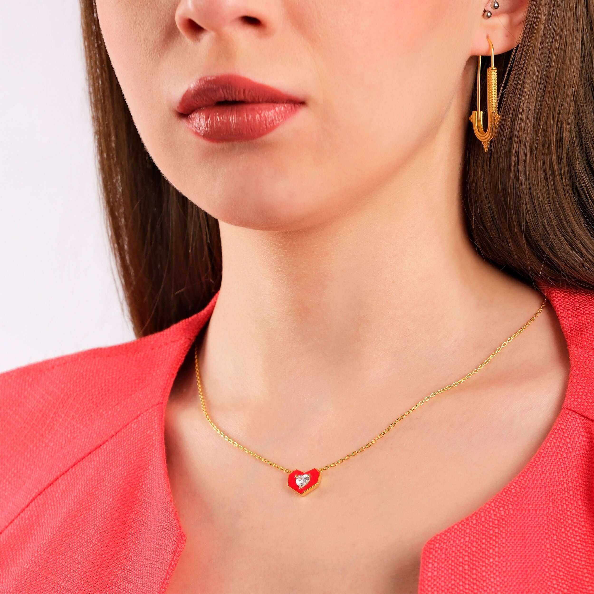 Red Heart Necklace | 14K Gold Vermeil - Mionza Jewelry-14k gold heart, diamond heart, Gift for Mom, gold heart necklace, heart jewelry, heart necklace gold, heart necklace women, heart pendant, love necklace, mothers day gift, red heart jewelry, red necklace, small heart necklace