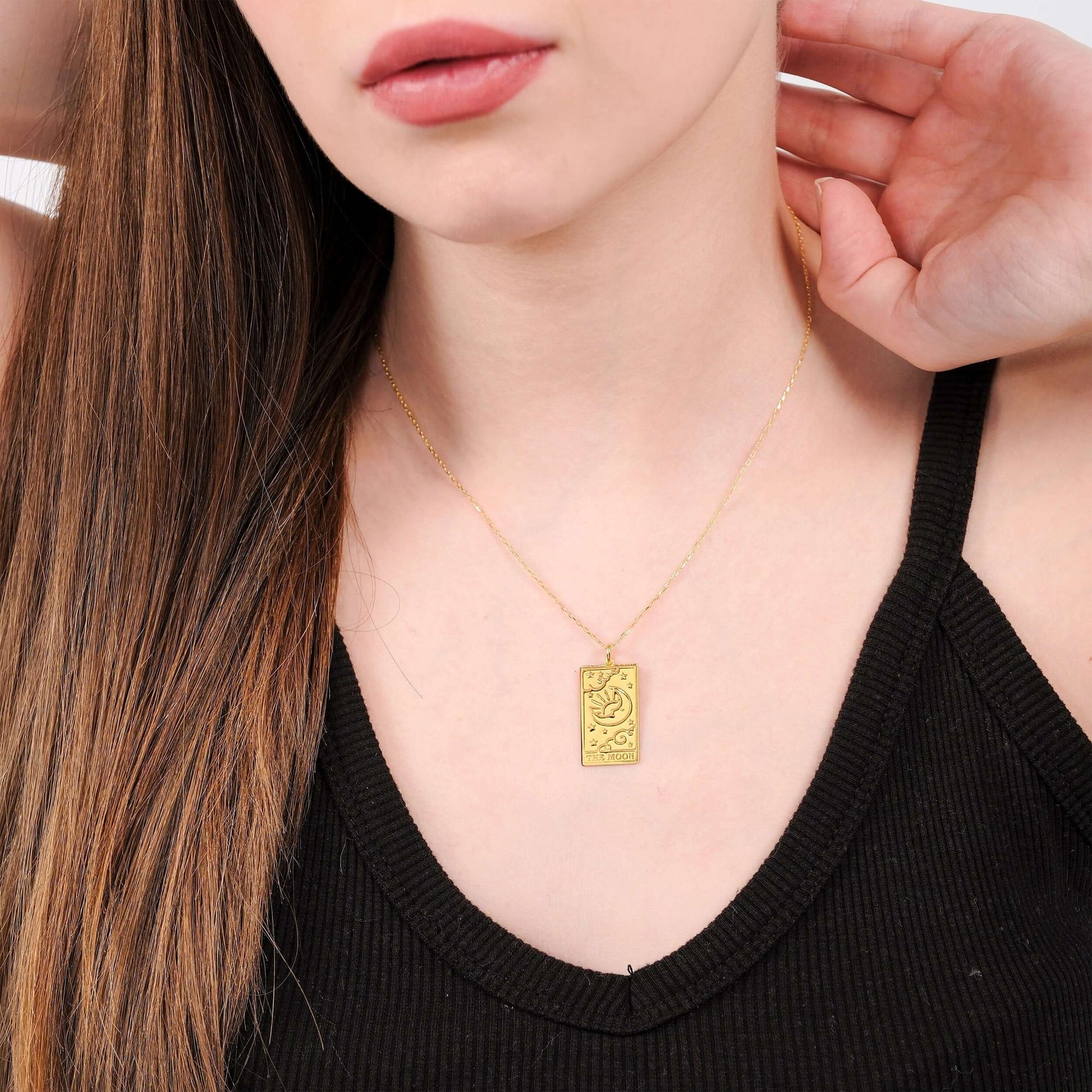 Tarot Card Necklace the Moon | 14K Gold Vermeil - Mionza Jewelry-celestial necklace, Gift for Mom, moon jewelry, moon star necklace, moon star pendant, moon tarot card, mothers day gift, sun moon necklace, tarot card gold, tarot card pendant, tarot cards, tarot jewelry, tarot necklace