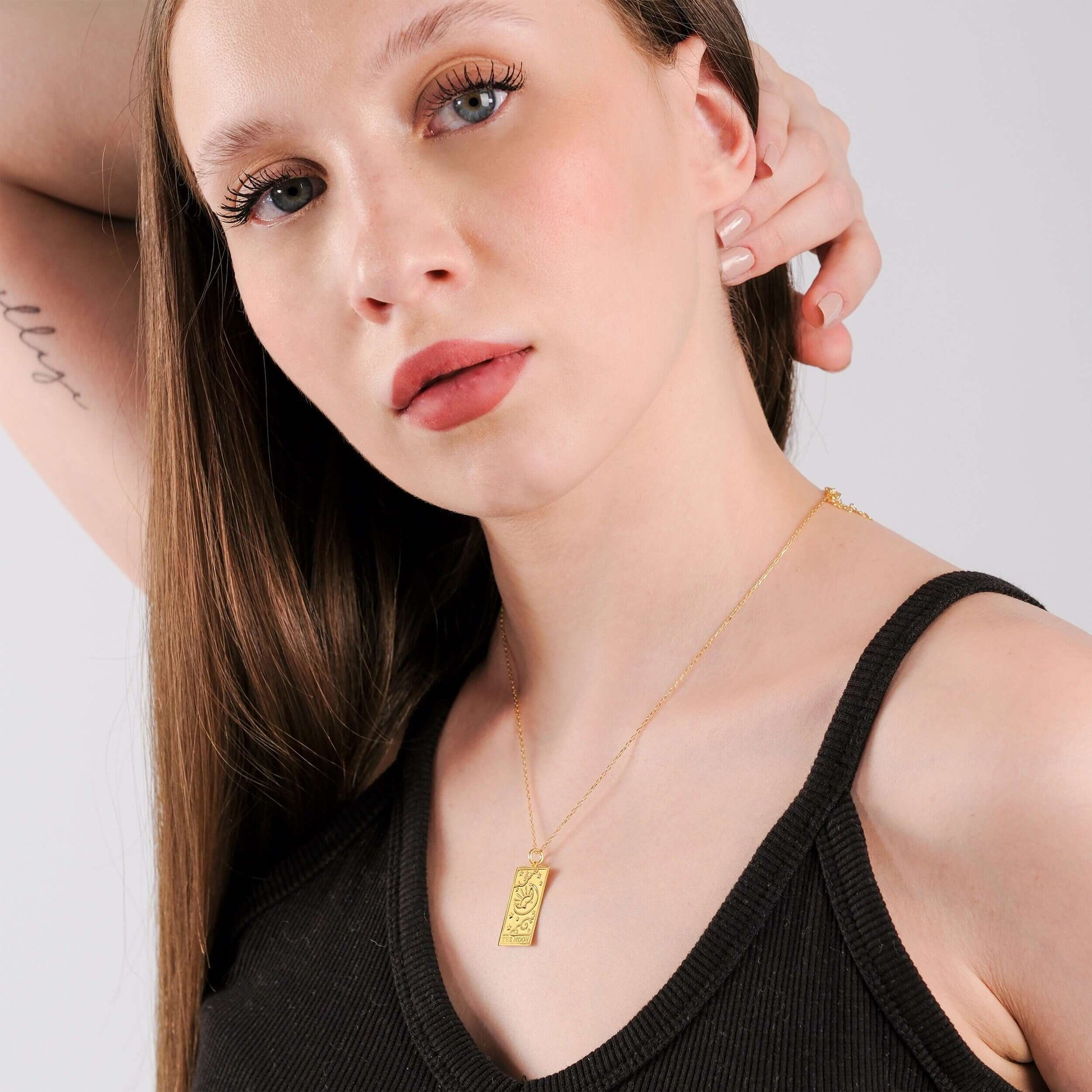 Tarot Card Necklace the Moon | 14K Gold Vermeil - Mionza Jewelry-celestial necklace, Gift for Mom, moon jewelry, moon star necklace, moon star pendant, moon tarot card, mothers day gift, sun moon necklace, tarot card gold, tarot card pendant, tarot cards, tarot jewelry, tarot necklace