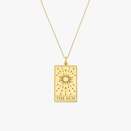 Tarot Card Necklace the Sun | 14K Gold Vermeil - Mionza Jewelry-best friend gift, card necklace, Gift for Mom, mothers day gift, spiritual necklace, sun necklace, sun tarot card, tarot card jewelry, tarot card necklace, tarot card pendant, tarot jewelry, tarot necklace, tarot necklace gold