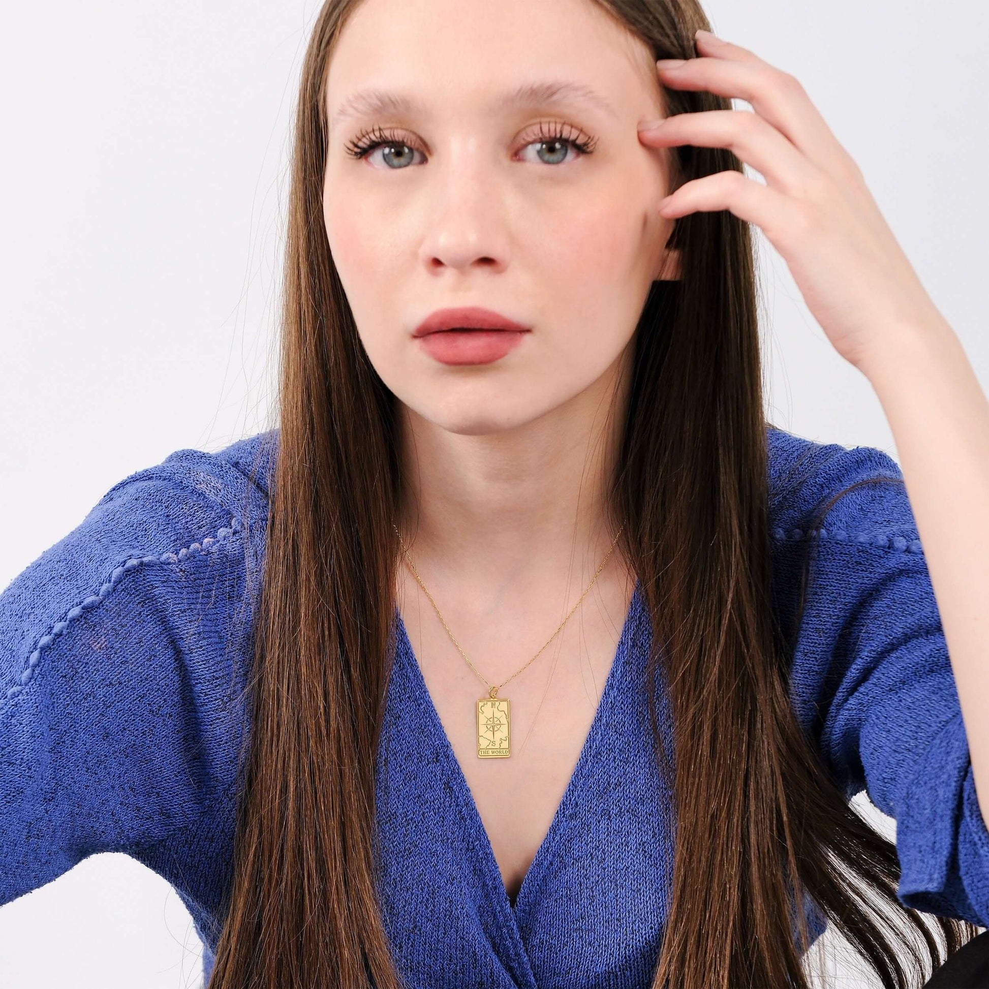 Tarot Card Necklace the World | 14K Gold Vermeil - Mionza Jewelry-astrology necklace, card necklace, compass jewelry, compass pendant, Gift for Mom, mothers day gift, north star necklace, taror card silver, tarot card, tarot card charm, tarot card pendant, tarot jewelry, world tarot card