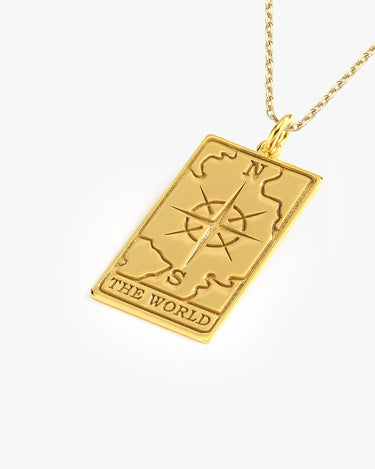 Tarot Card Necklace the World | 14K Gold Vermeil - Mionza Jewelry-astrology necklace, card necklace, compass jewelry, compass pendant, Gift for Mom, mothers day gift, north star necklace, taror card silver, tarot card, tarot card charm, tarot card pendant, tarot jewelry, world tarot card
