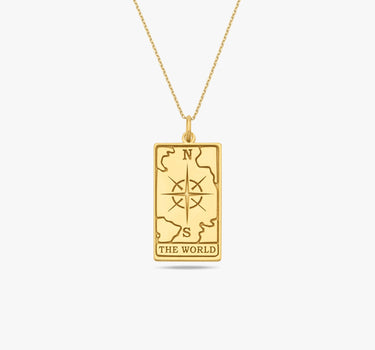 Tarot Card Necklace the World | 14K Gold Vermeil - Mionza Jewelry-astrology necklace, card necklace, compass jewelry, compass pendant, Gift for Mom, mothers day gift, north star necklace, taror card silver, tarot card, tarot card charm, tarot card pendant, tarot jewelry, world tarot card