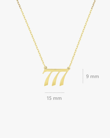 777 Angel Number Necklace | 14K Solid Gold - Mionza Jewelry-1111 necklace, 777 necklace, angel numbers, custom necklace, date necklace, gift for birthday, gift for mother, lucky necklace, mothers day gift, number necklace, personalized gift, protection necklace, silver 777 necklace