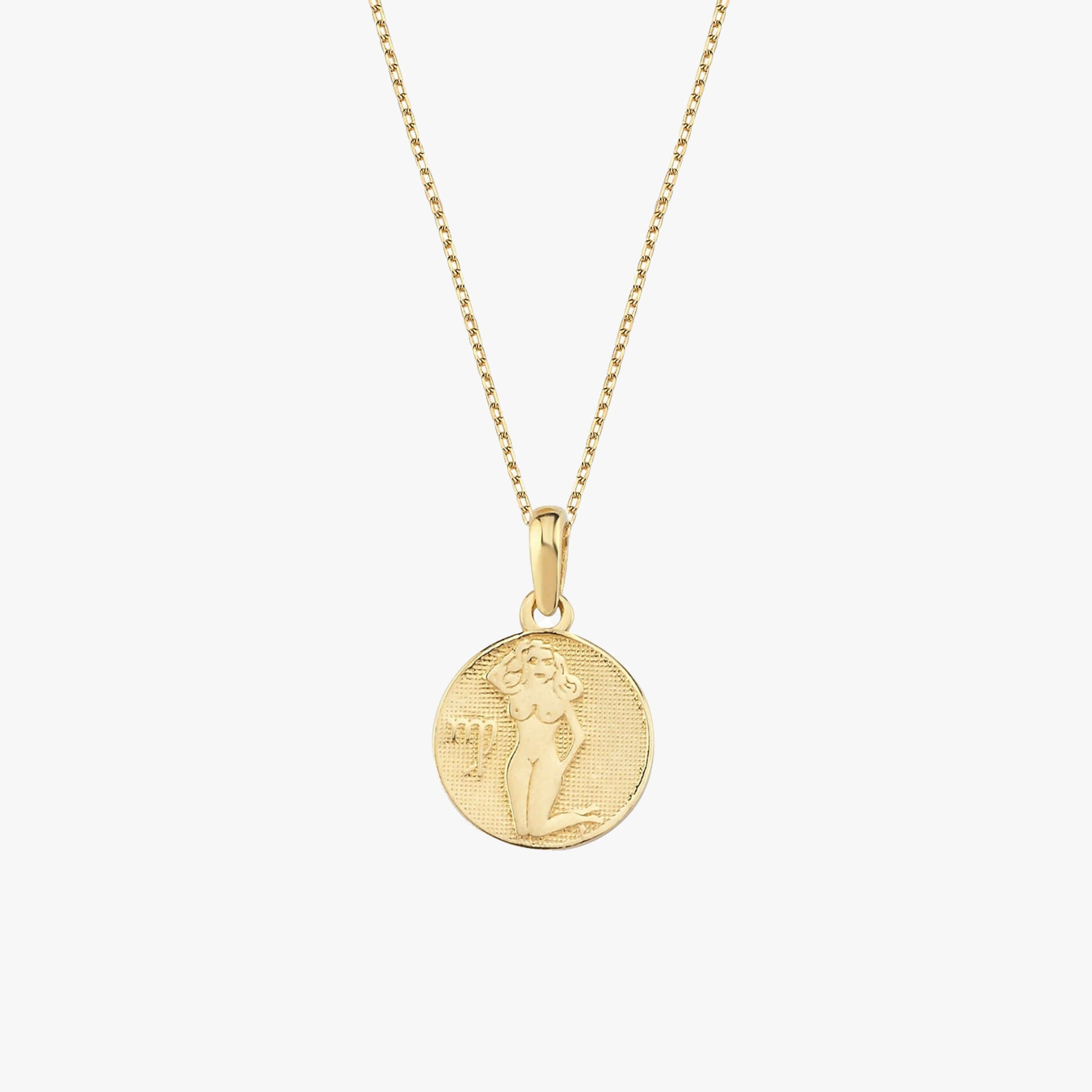 Virgo Zodiac Necklace | 14K Solid Gold - Mionza Jewelry-aries necklace, astrology necklace, birthstone necklace, celestial necklace, Gift for Mom, gold coin necklace, gold disc necklace, mothers day gift, scorpio necklace, virgo gifts, virgo necklace, zodiac necklace, zodiac sign necklace