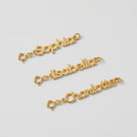 Personalized gold name tag necklace extenders engraved with Sophia, Isabella and Charlotte