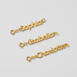 Personalized gold name tag necklace extenders engraved with Sophia, Isabella and Charlotte
