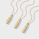 Personalized gold cremation urn necklaces with engraved vertical bar pendants