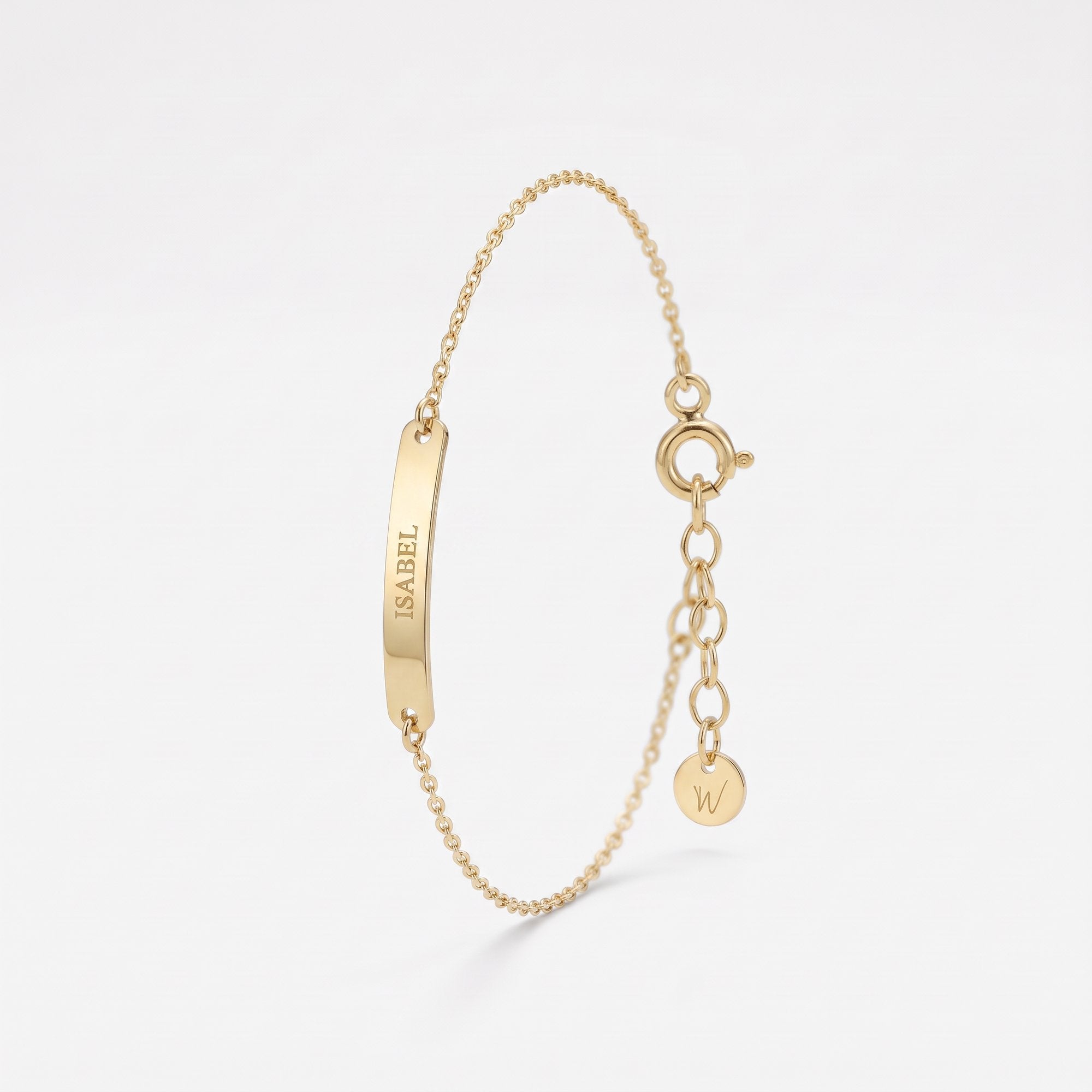Custom name bracelet with an engraved gold bar personalized with a name, a dainty gold name bracelet with extender