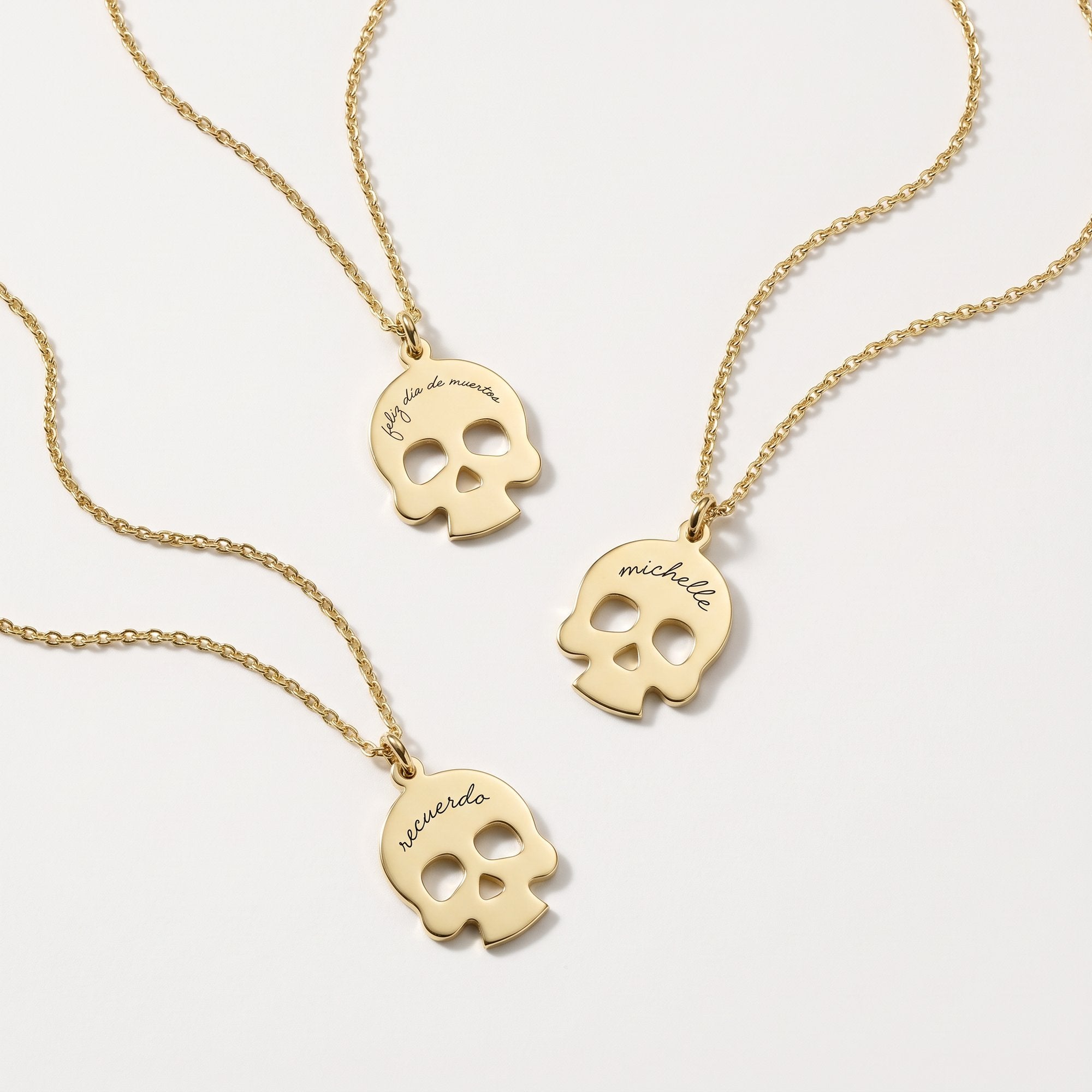 Engraved gold Dia de los Muertos sugar skull necklaces
