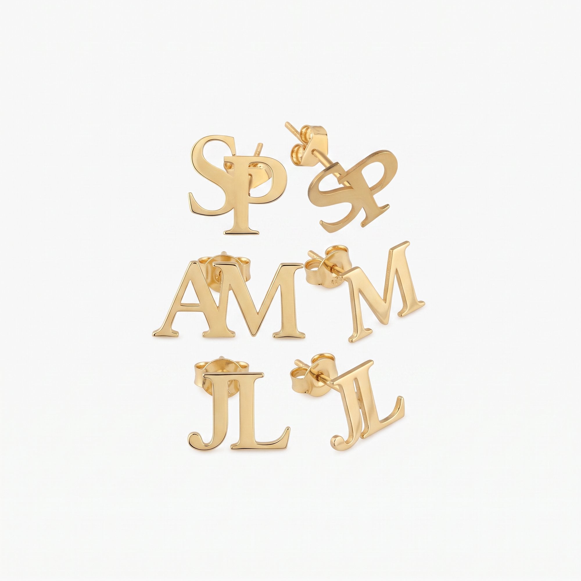 Gold intertwined initial stud earrings in letter pairs