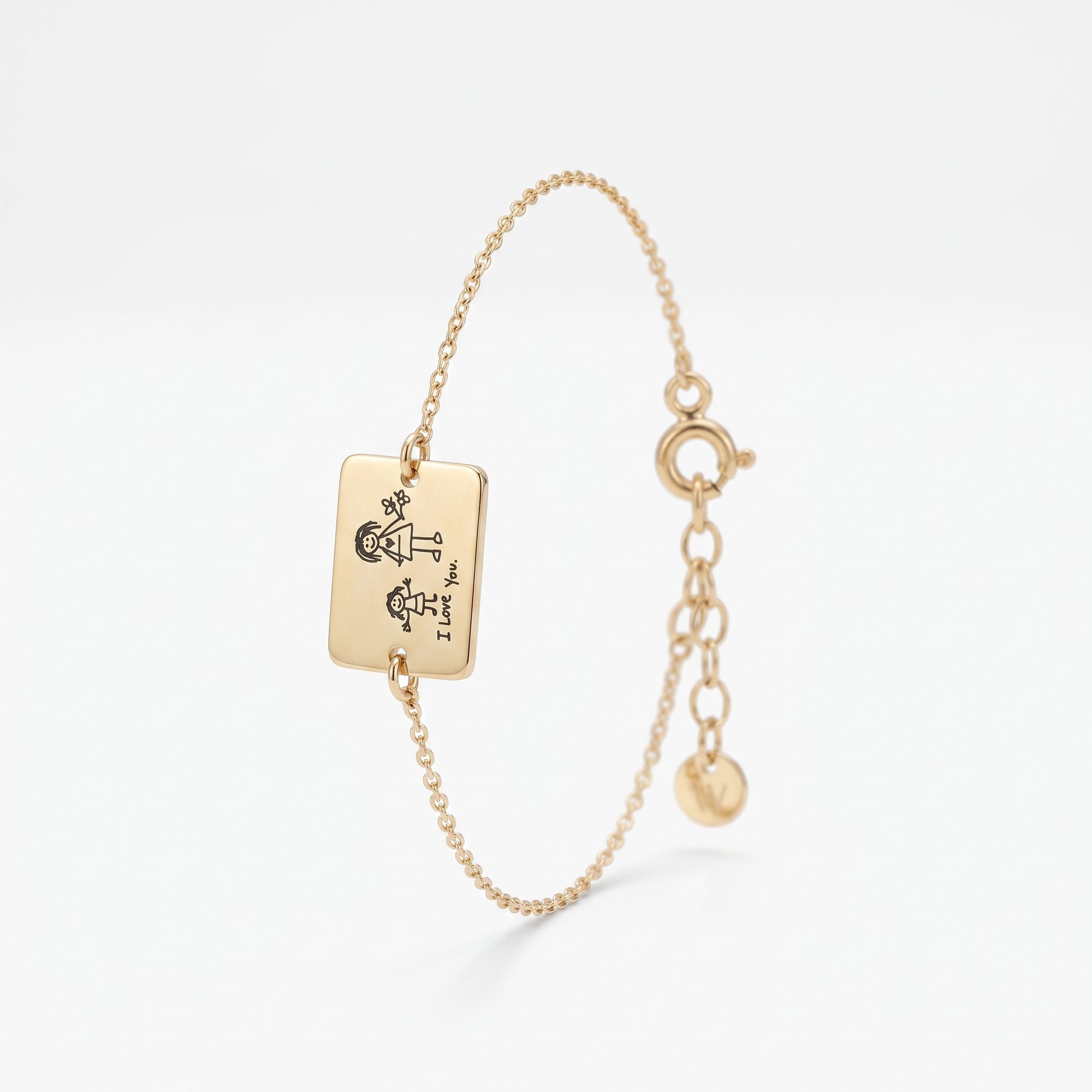 Custom handwriting bracelet in gold, a rectangle tag engraved with a child's drawing and I Love You note, kids drawing jewelry