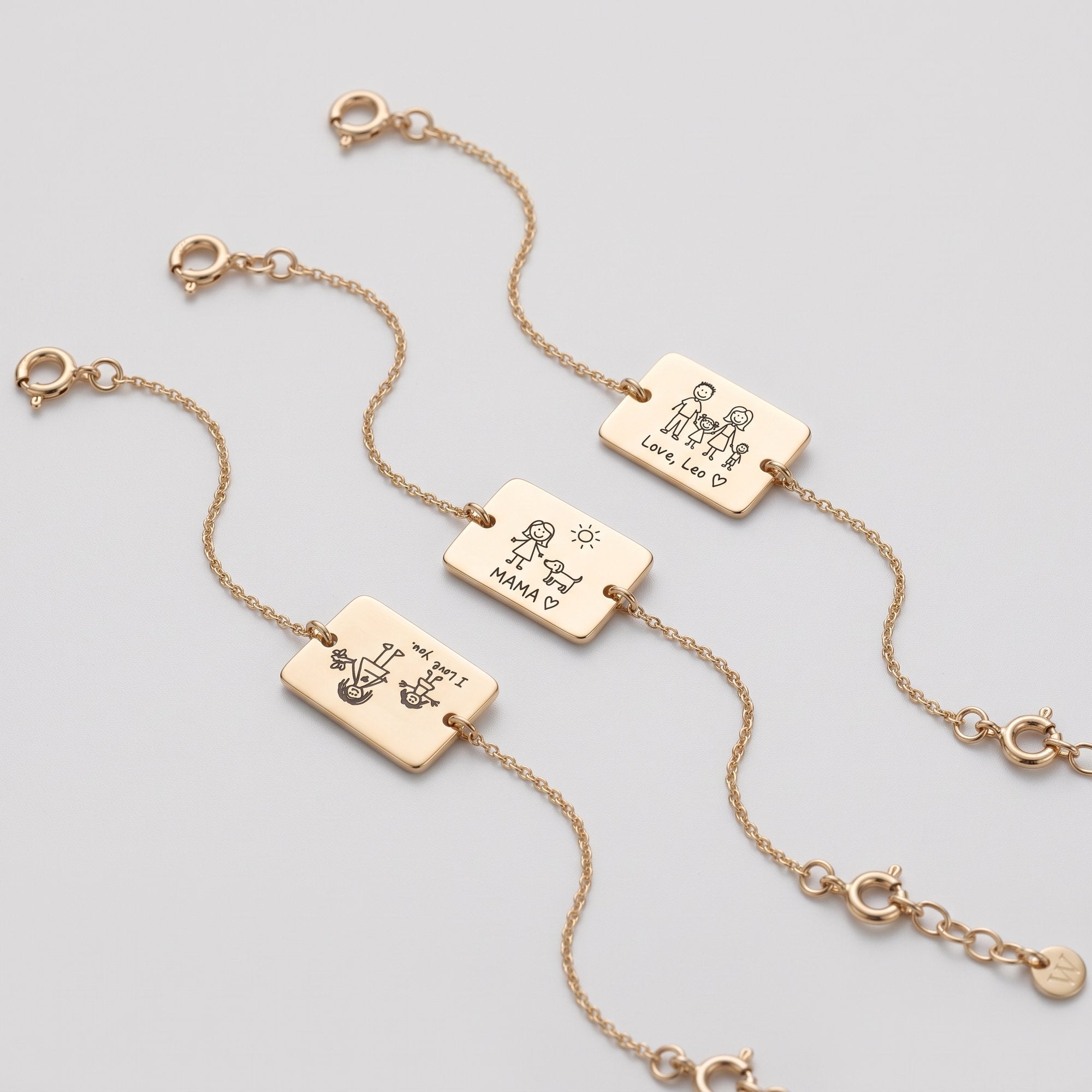 Gold kids handwriting bracelets engraved with children's drawings
