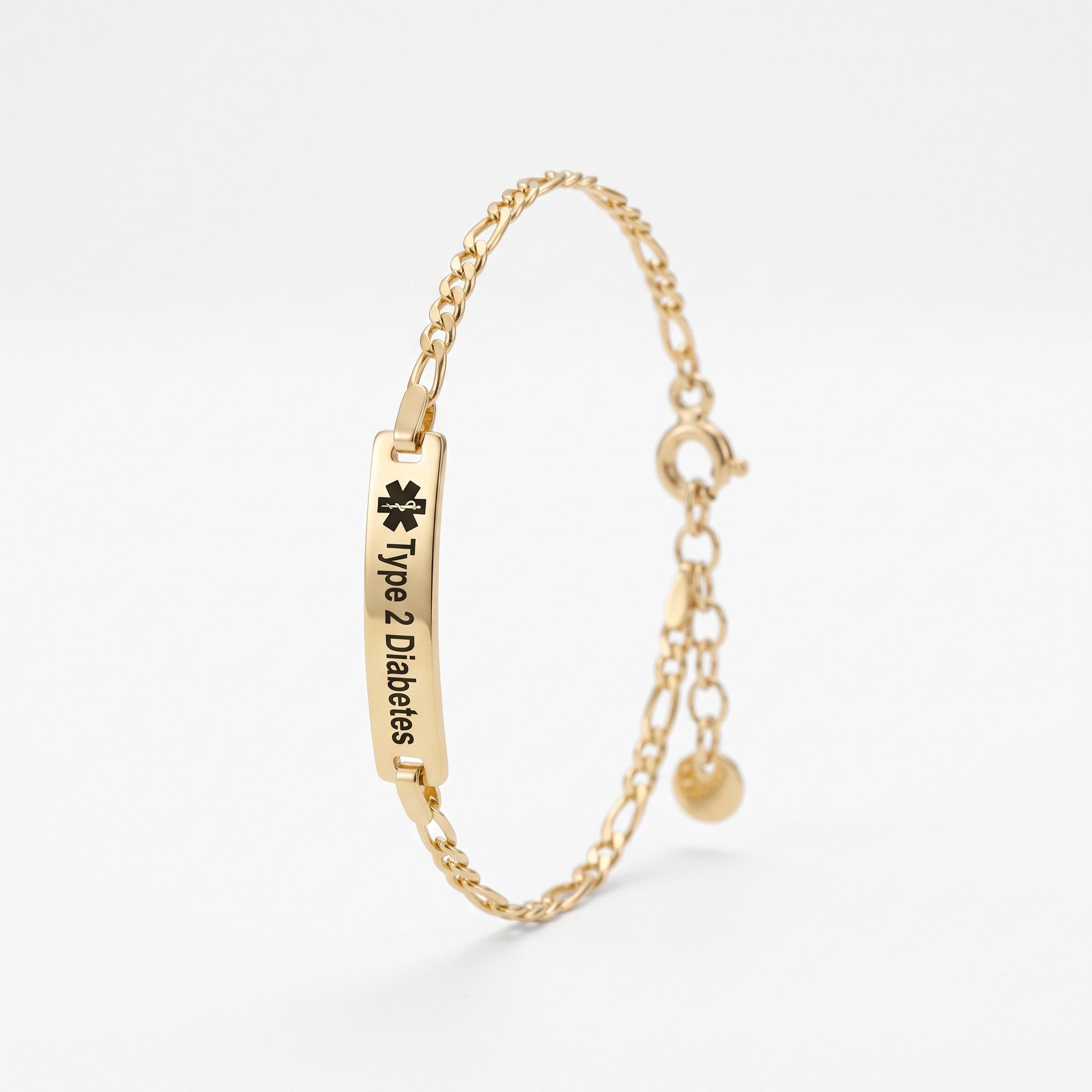Gold medical alert bracelet for women with an engraved bar for Type 2 Diabetes on a figaro chain, personalized medical ID bracelet