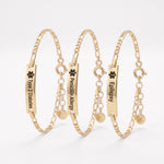 Gold medical alert bracelets with engraved ID bars for diabetes, allergy and epilepsy